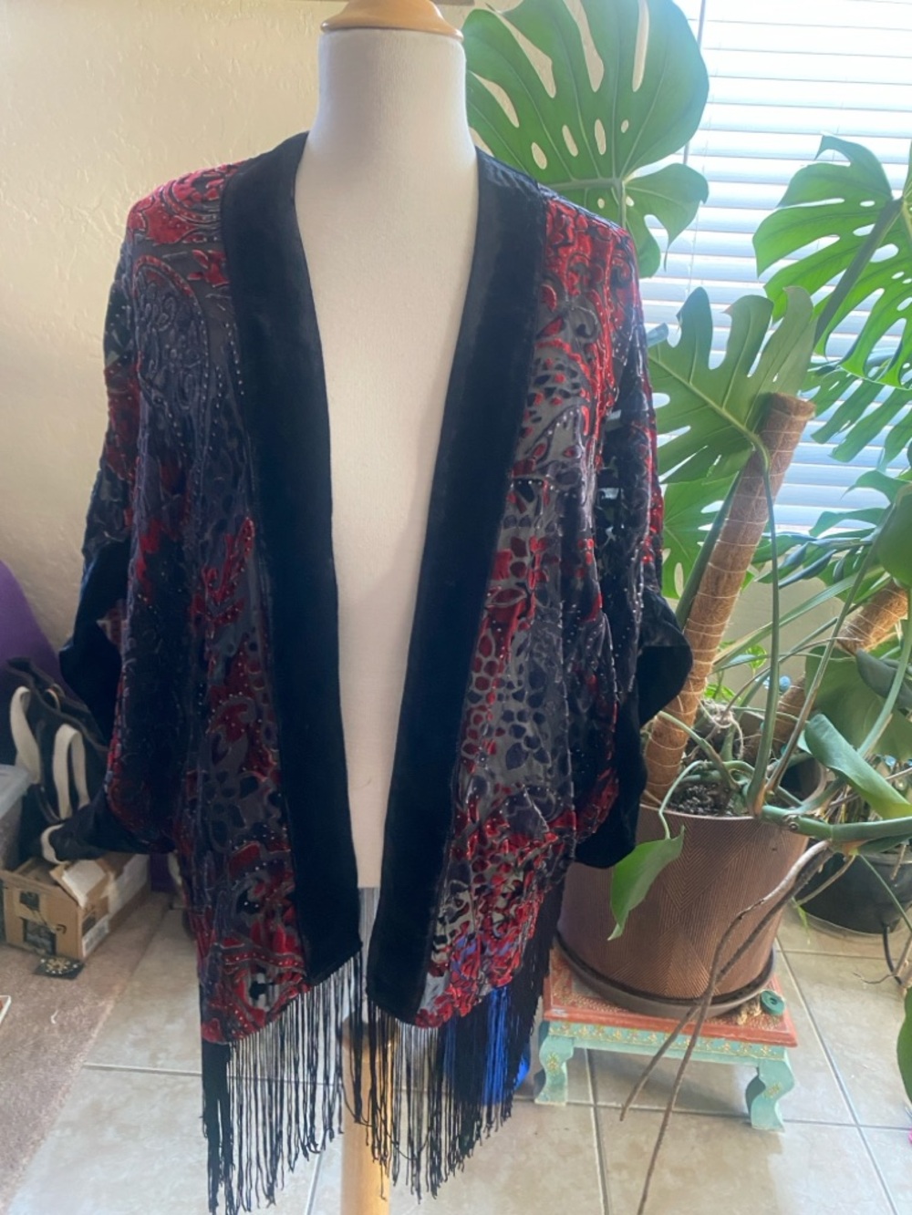 Chico's Red and Black Velvet-Trim Open Front Kimono with Fringe